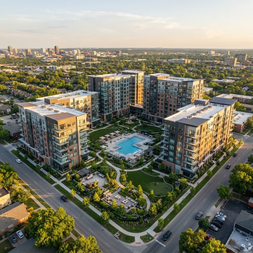 Aerial view of a multifamily apartment development