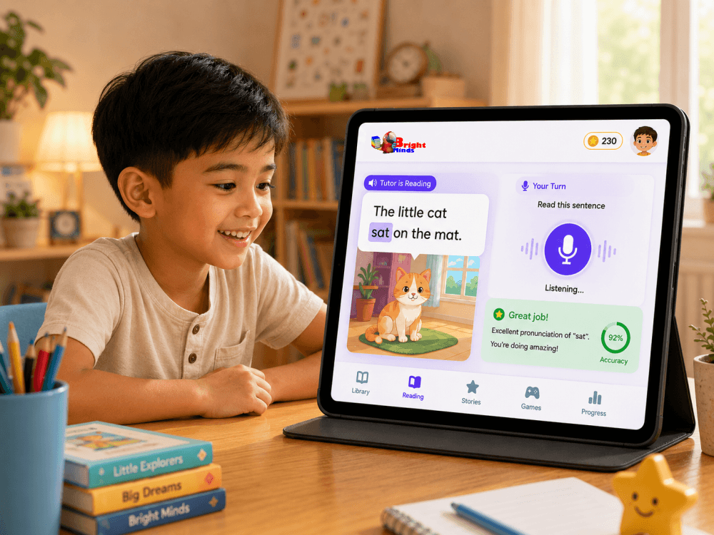 A child using Bright Minds guided reading on a tablet