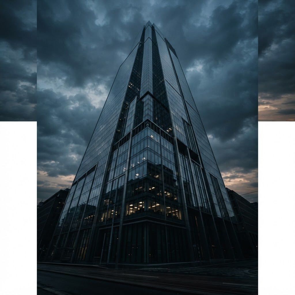 Modern office building against a dark sky at dusk