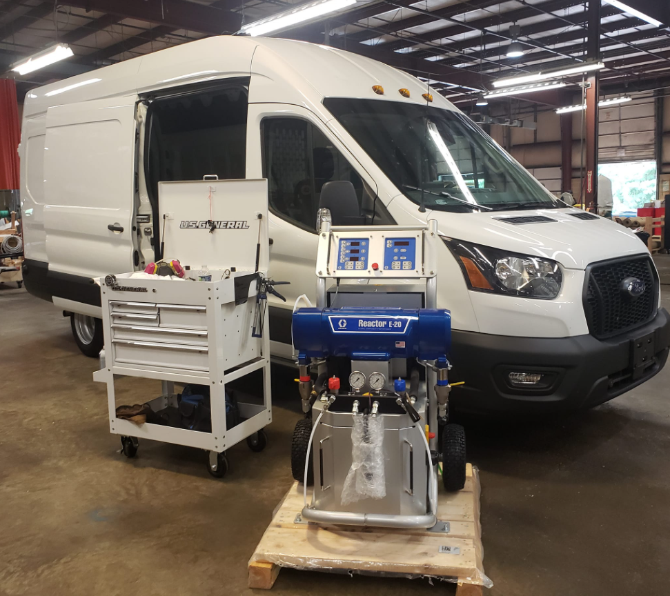 Custom spray foam rig with mobile cart and proportioner system