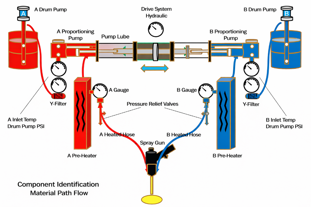 Spray foam system diagram showing the three stages: Material (A-side and B-side drums), Processing (proportioner, heated hoses, pre-heaters), and Application (spray gun mixing and foam formation)