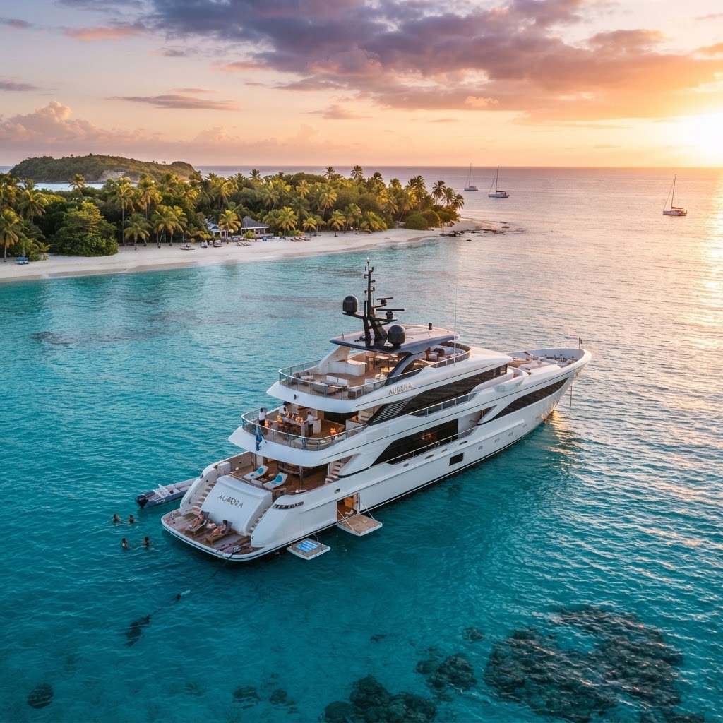 Luxury motor yacht at anchor in the Caribbean