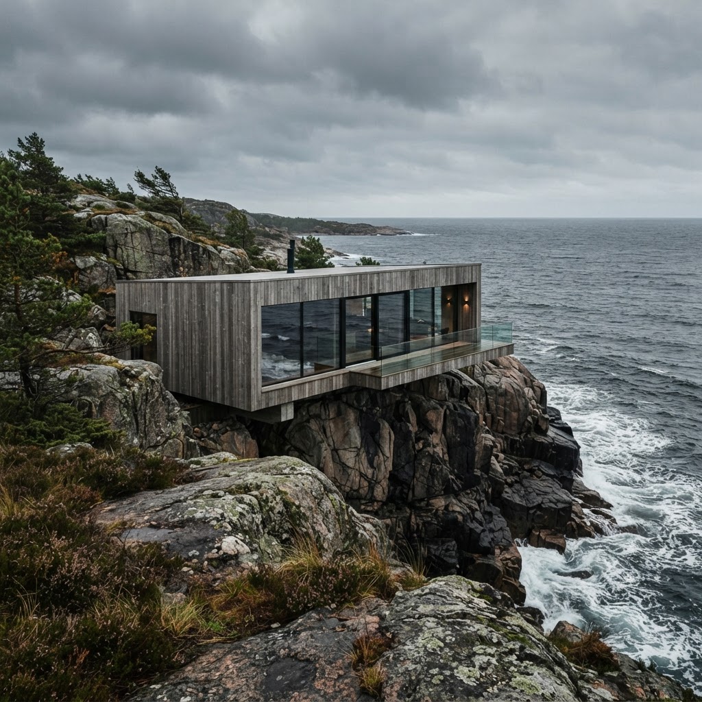A modern minimalist coastal house cantilevered into a rugged Nordic granite cliff, weathered timber cladding greying into the rockface.