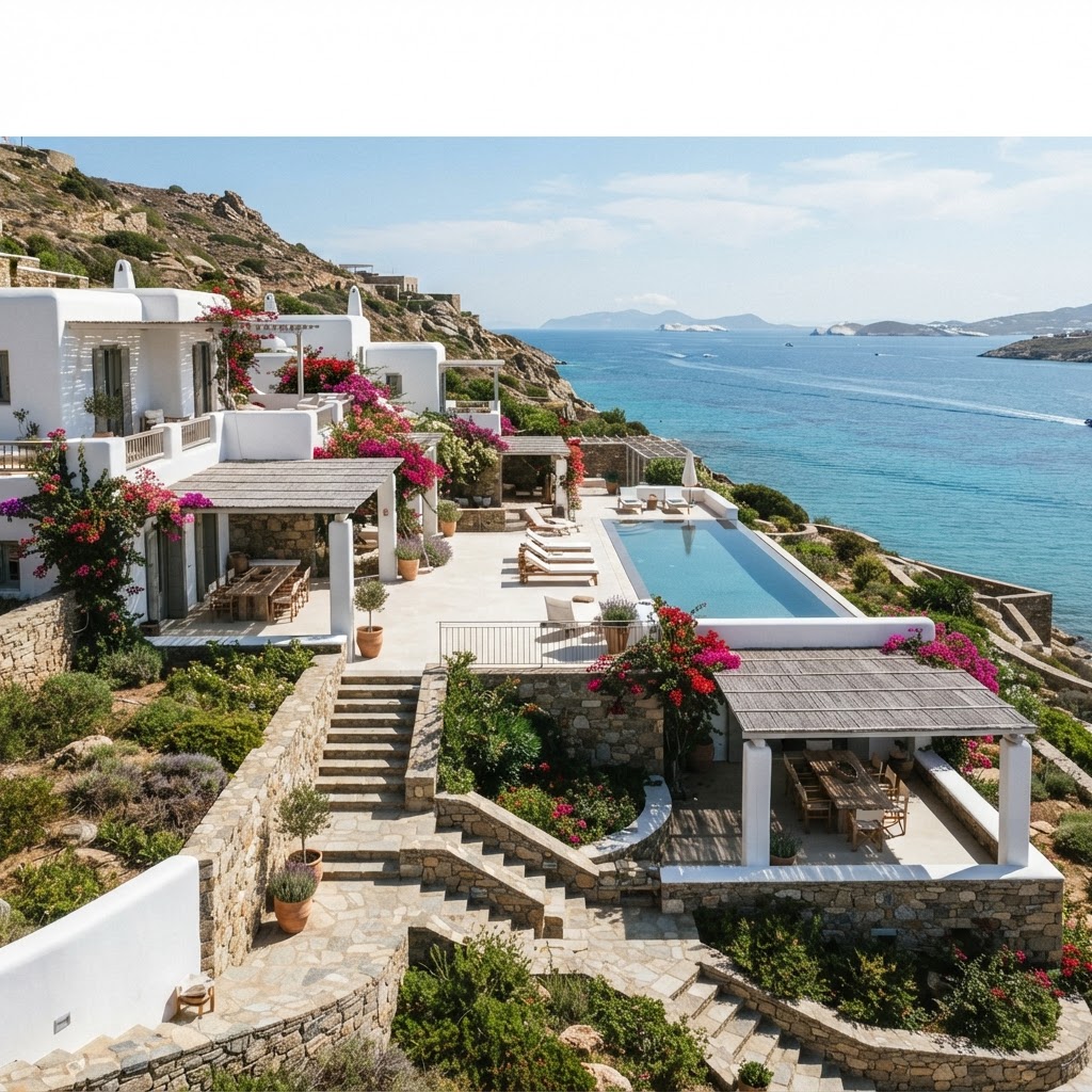 A whitewashed Mediterranean villa terracing down a Cycladic hillside to a turquoise Aegean bay, dry-stone walls and cascading bougainvillea.