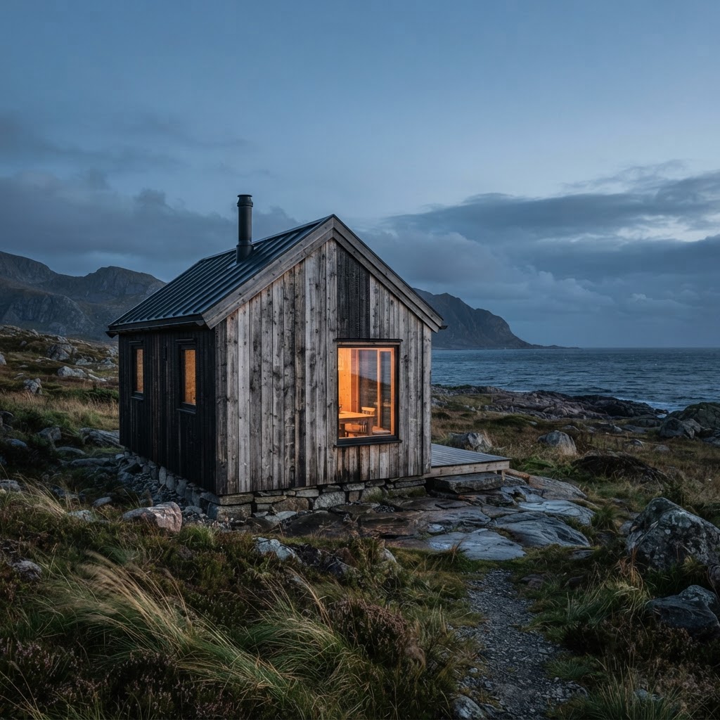 A weathered Nordic coastal cabin at dusk, vertical charred-timber and silvered wood boards blending with a windswept Scandinavian shoreline.