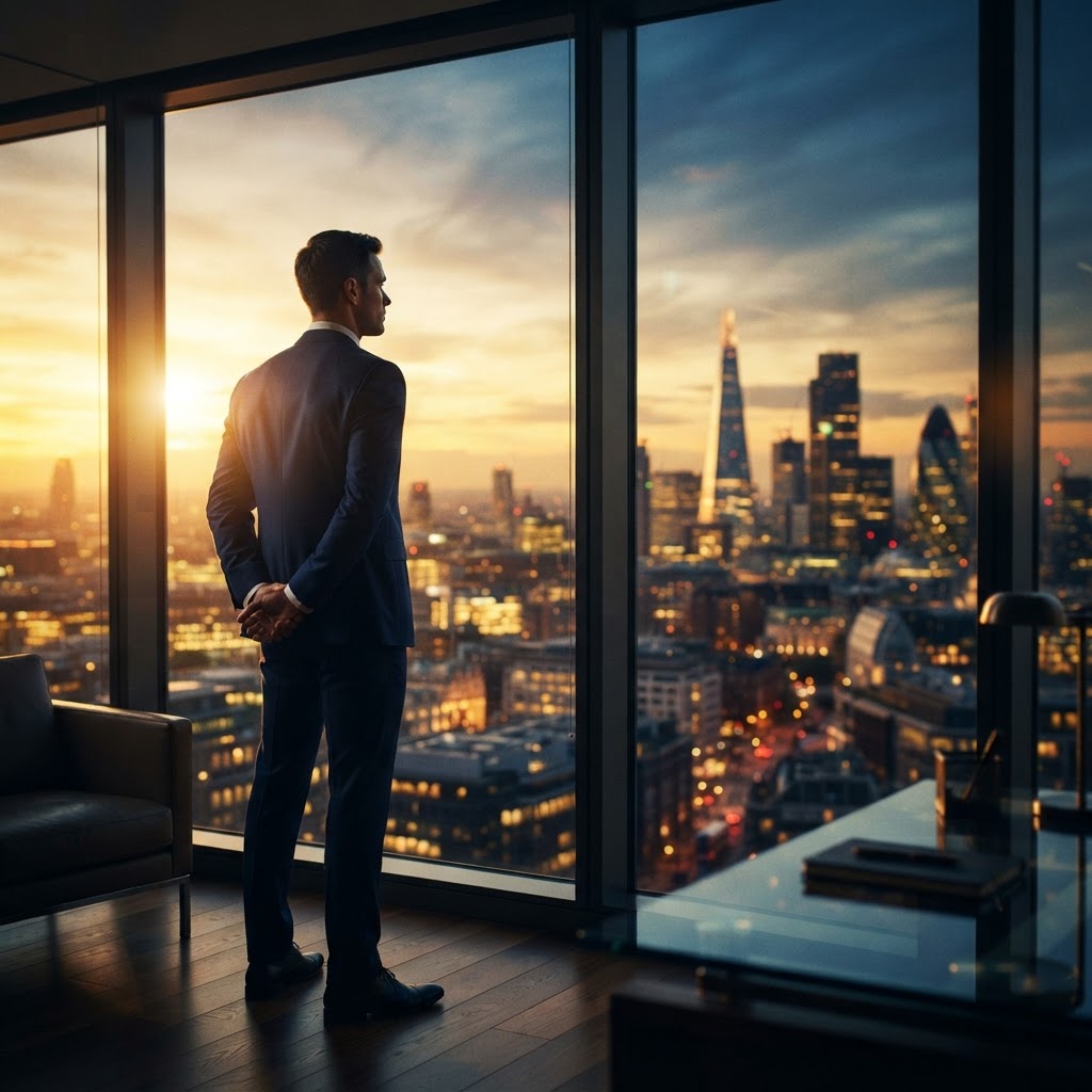 A powerful executive looking out a corporate office window over the city skyline at golden hour