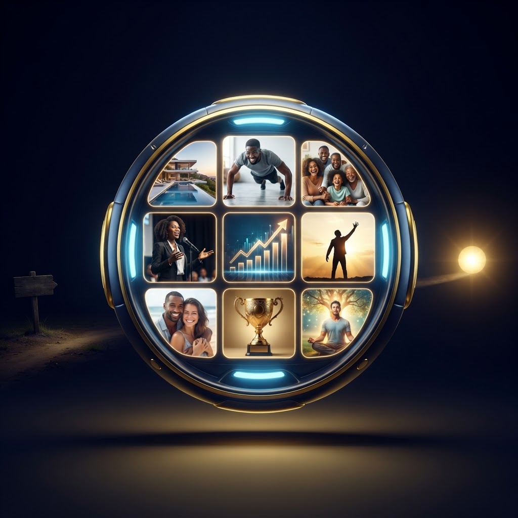 The Paradigm Pod — a futuristic spherical vehicle with a glowing 9-panel grid transporting your mind from current reality to your desired future