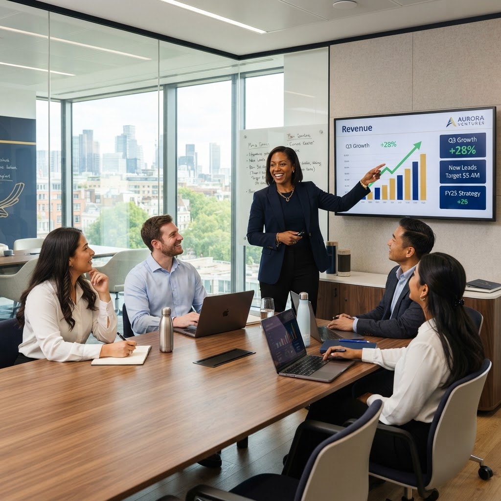 Sales leader presenting a growth strategy to a diverse team in a modern glass-walled office