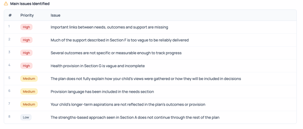Main Issues Identified example