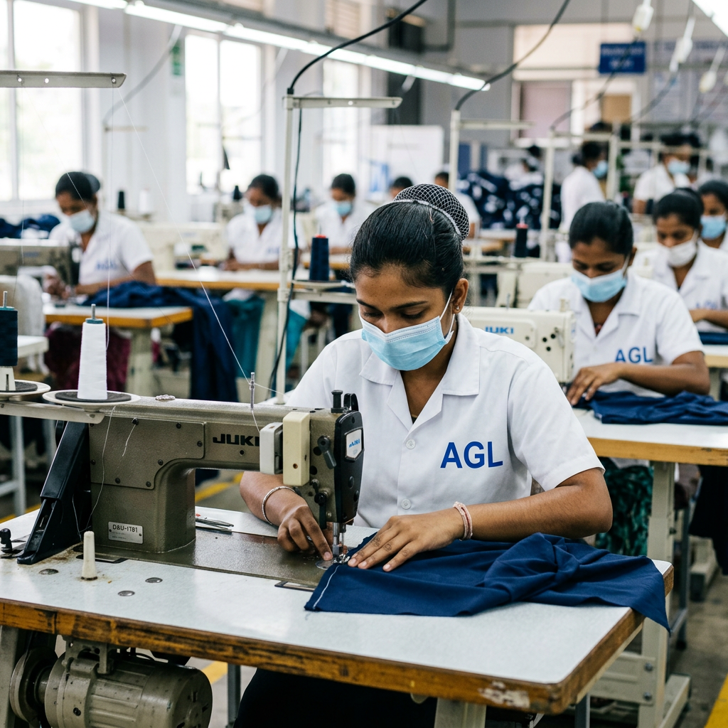 AGL Apex Garment Lanka skilled worker in AGL branded uniform, ethical garment manufacturing Sri Lanka