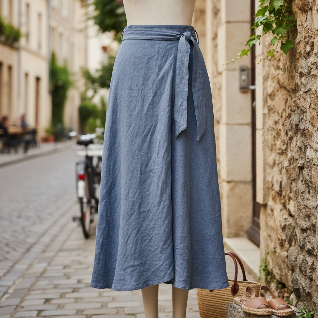 Women's Washed Linen Midi Wrap Skirt — Denim Blue