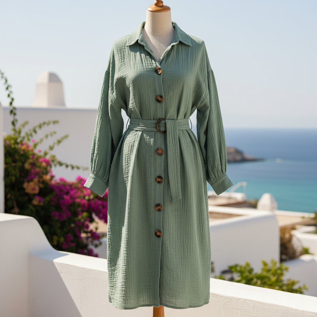 Women's Cotton Gauze Shirt Dress — Sage Green