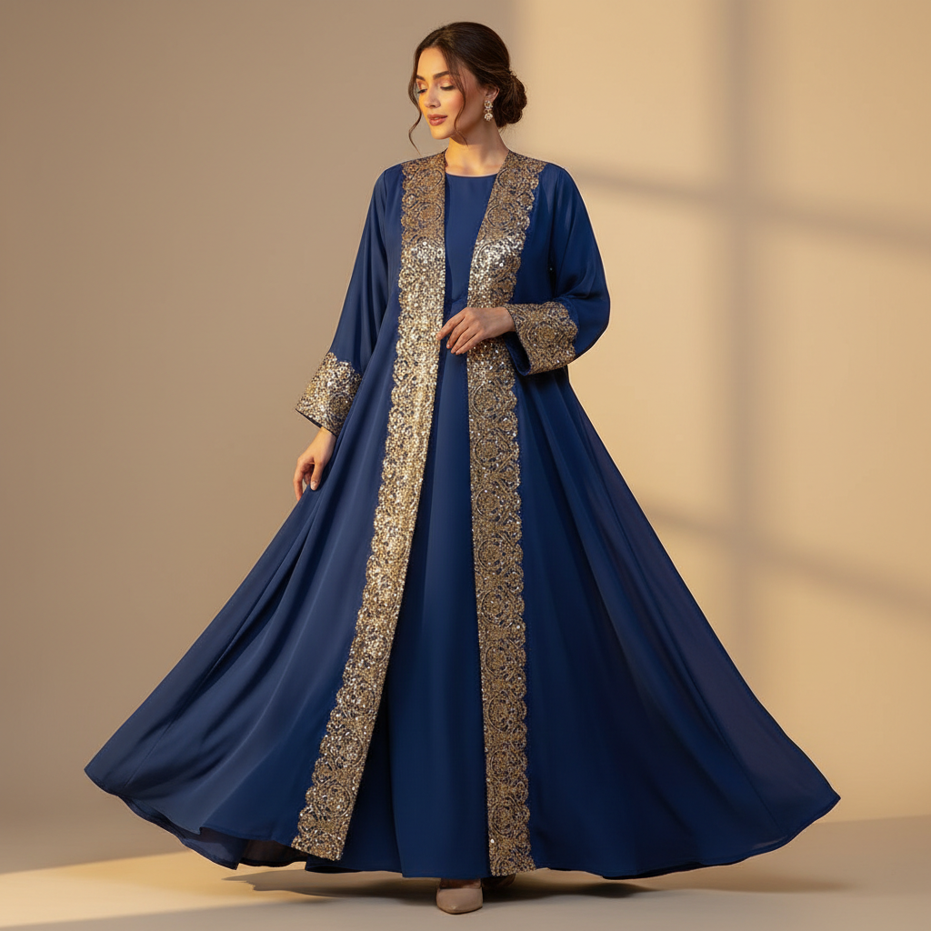 Royal Blue Sequin Open-Front Abaya