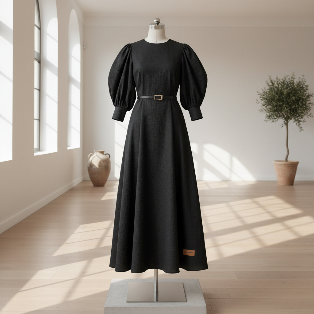 Women's Cotton Poplin Puff-Sleeve Maxi — Black