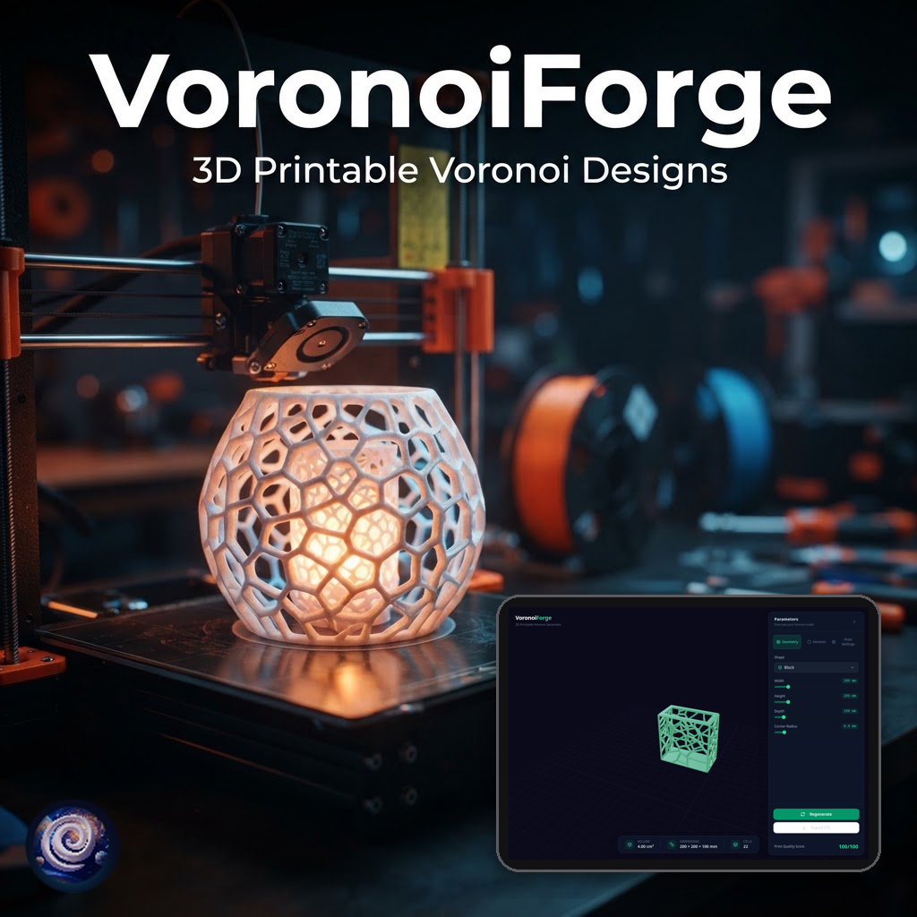 Title 'VoronoiForge' and '3D Printable Voronoi Designs' above a glowing white 3D printed Voronoi lattice lamp on a printer bed. A tablet in the lower right shows a real screenshot of the app. STL Galaxy spiral logo in the lower left.