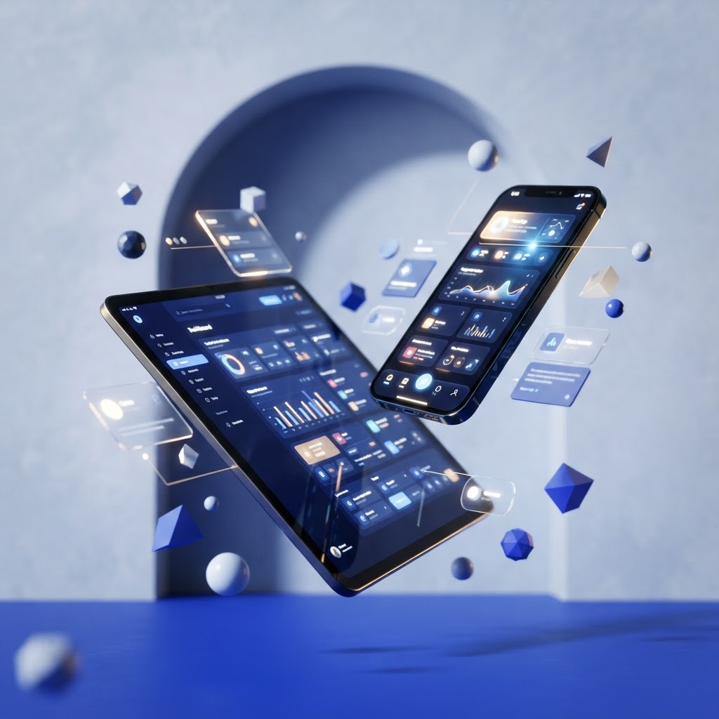 Floating phones and tablets with glowing screens