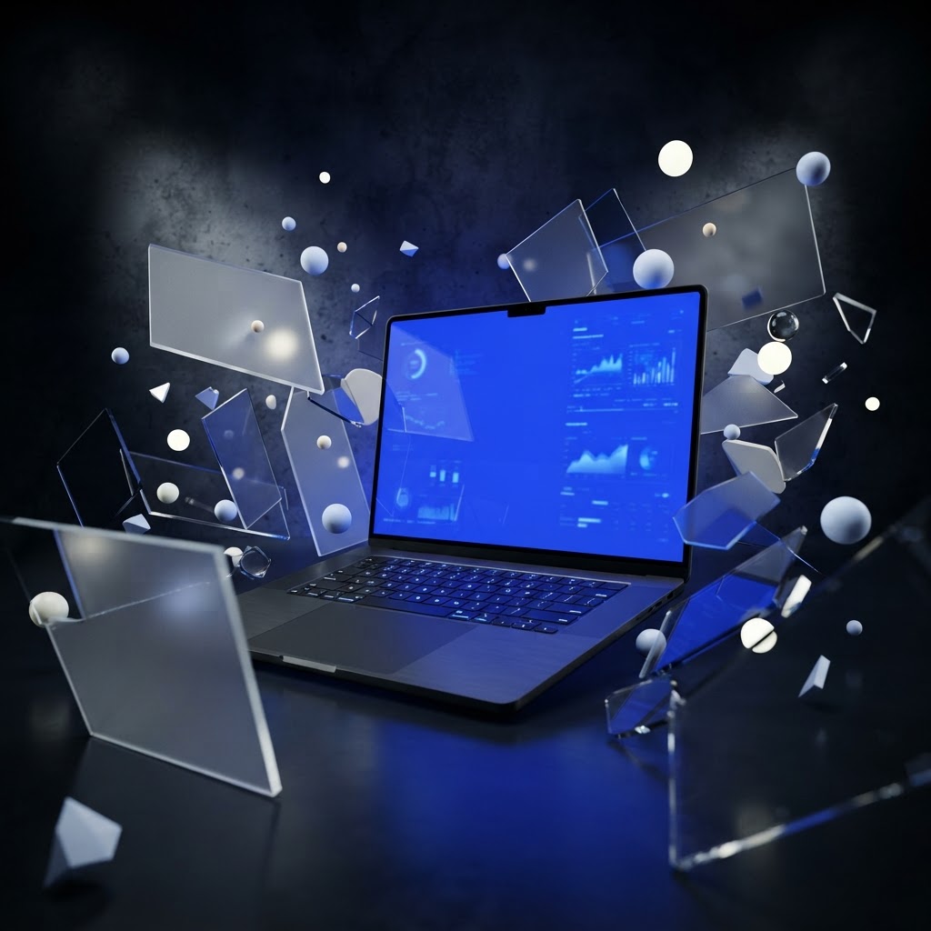 Laptop with glowing cobalt screen and floating panels