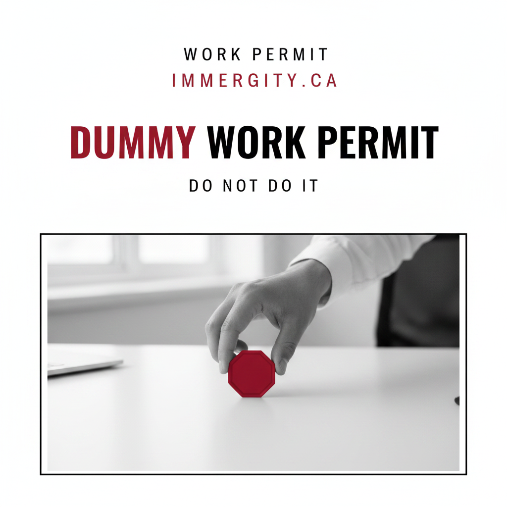 Red stop sign on desk symbolizing the danger of applying for a dummy work permit in Canada