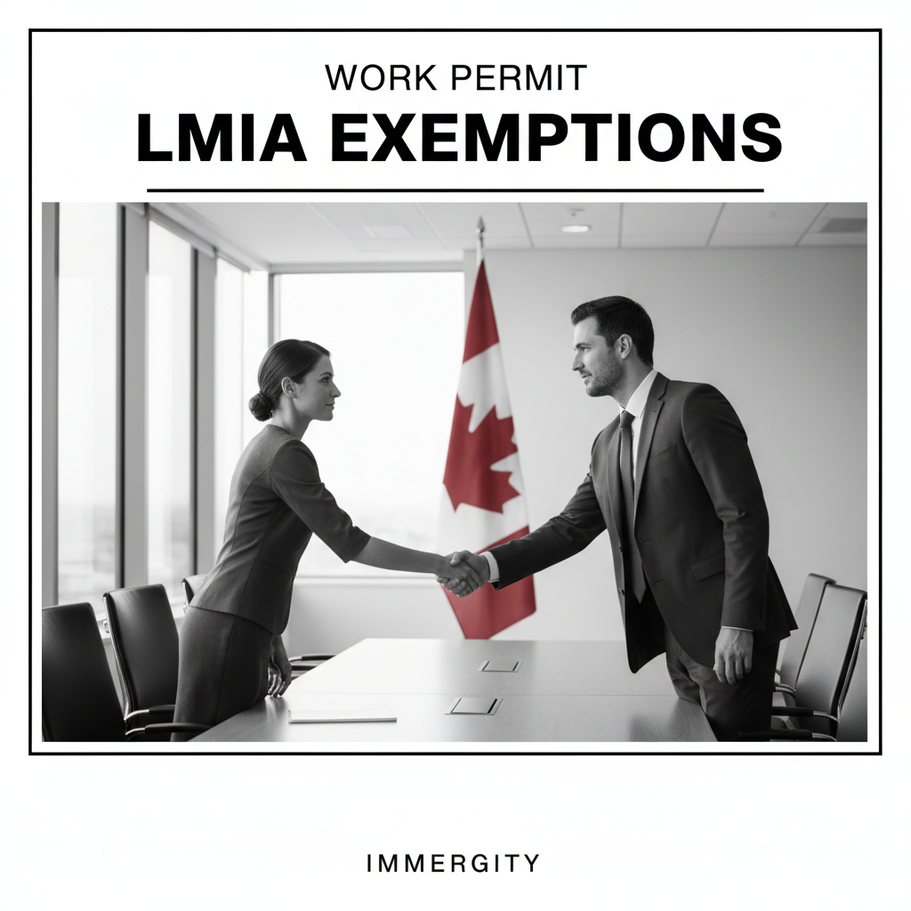 Two professionals shake hands with a red Canadian flag in the background — LMIA exemption work permit Canada