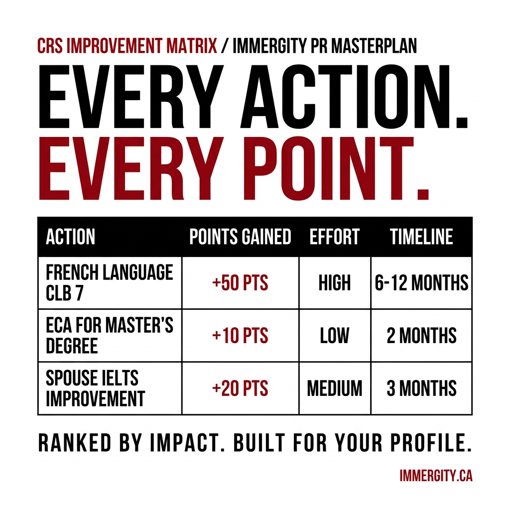 IMMERGITY PR Masterplan CRS Improvement Matrix — ranked action plan with points effort and timeline