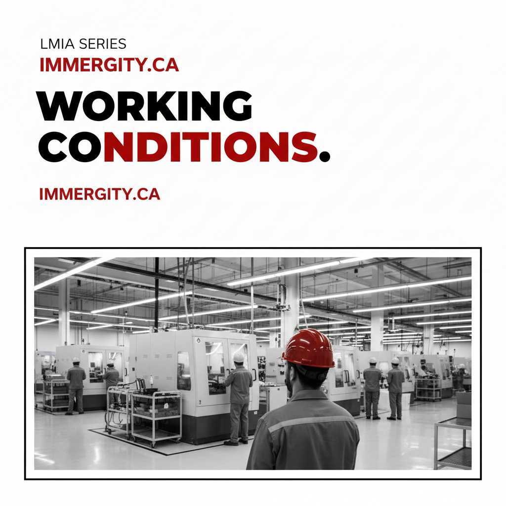 LMIA working conditions employer requirements Canada 2026 — factory floor with workers and red hard hat