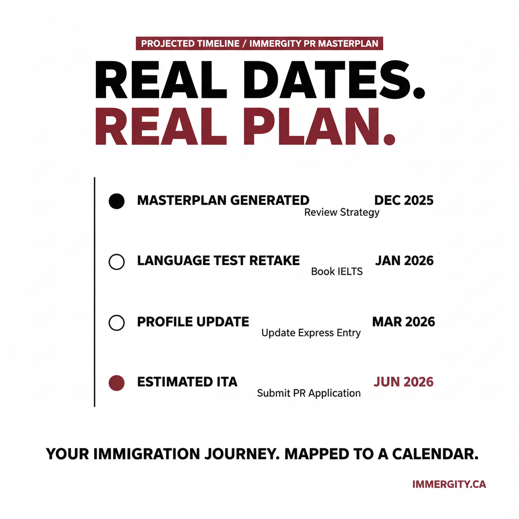 IMMERGITY PR Masterplan Projected Timeline — real calendar dates for Canada PR ITA 2026