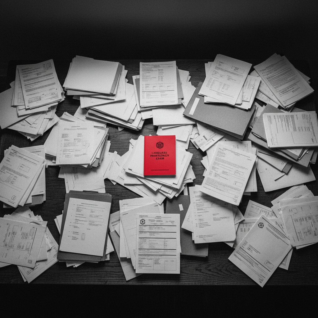Government desk covered in immigration documents with a single vivid red language test booklet — representing IRCC open work permit language test requirement 2026