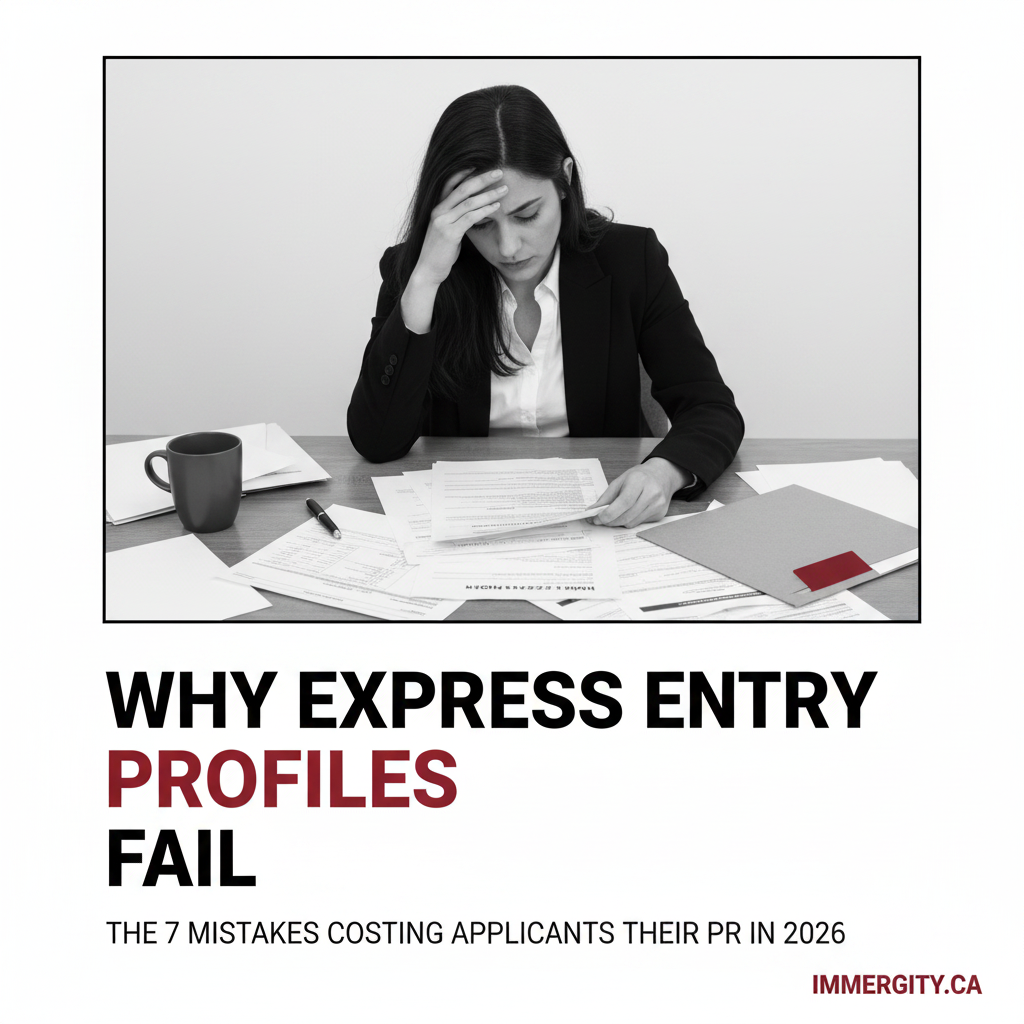 Professional reviewing immigration documents at desk — why Express Entry profiles fail in 2026