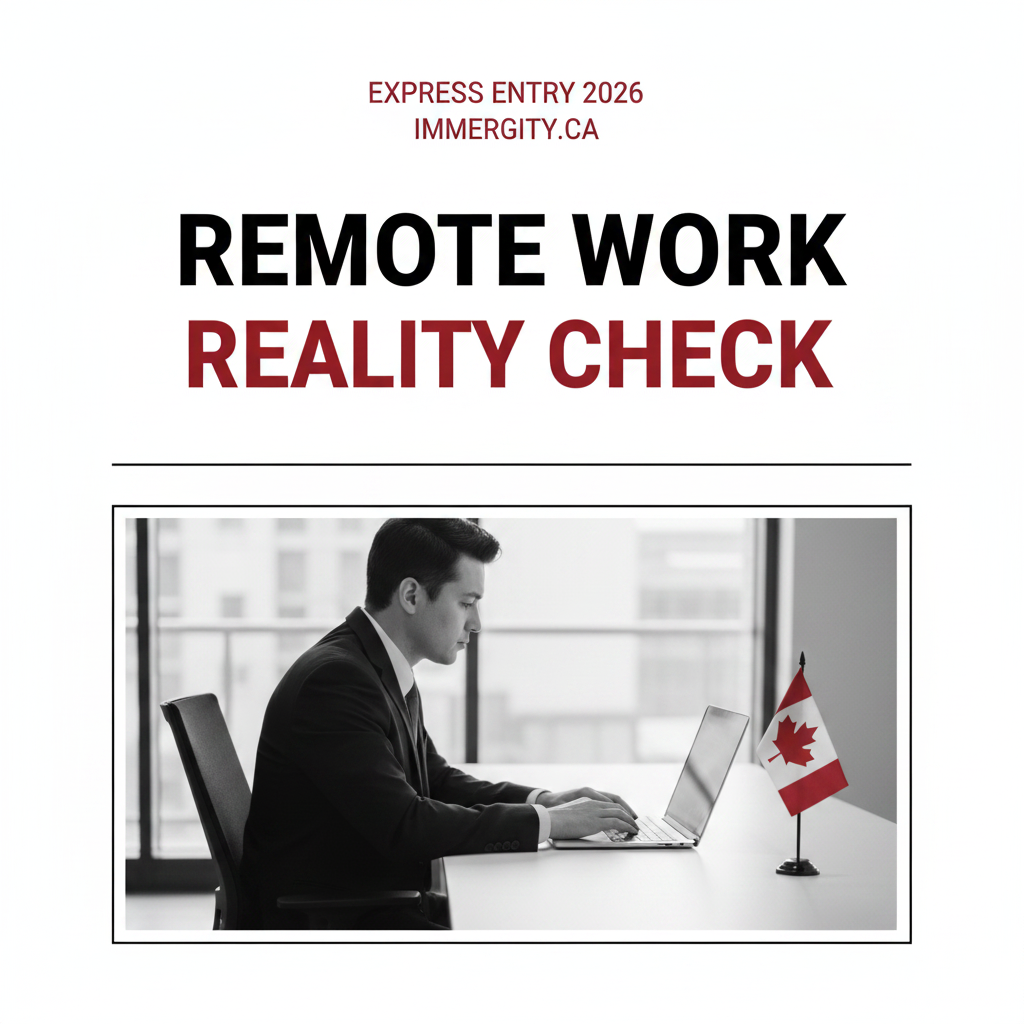 Person working remotely on a laptop with a red Canadian flag — Express Entry foreign work experience analysis by IMMERGITY