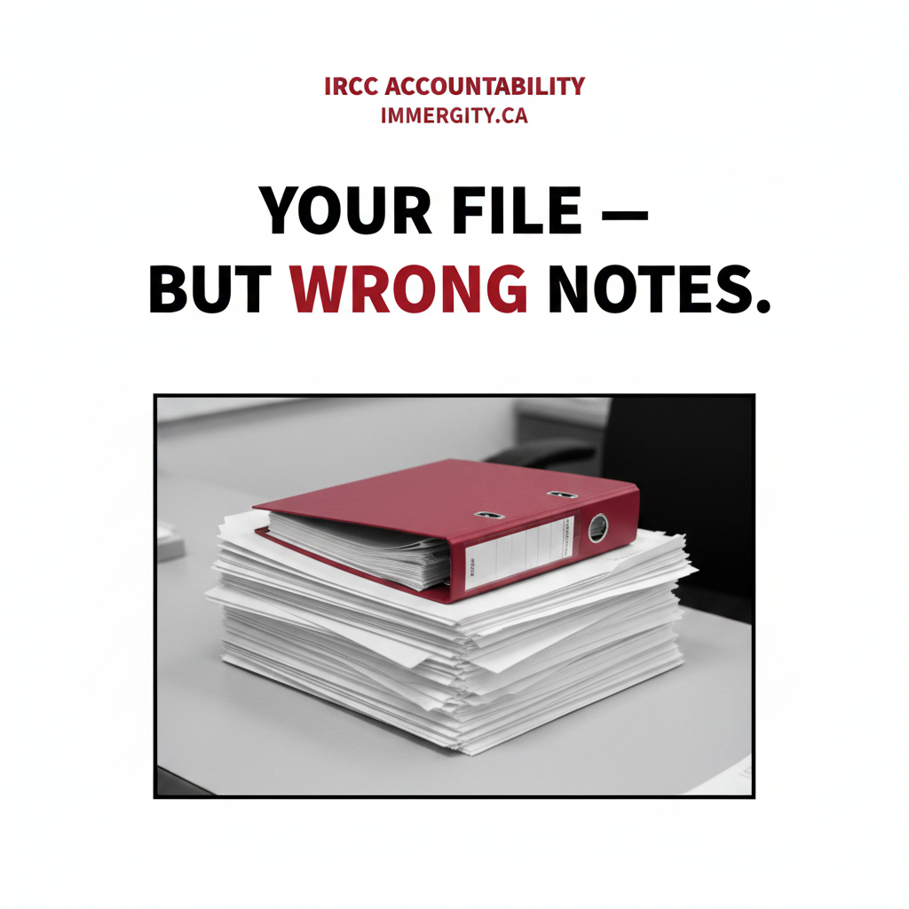 Government file folders on a desk with a single vivid red folder — IRCC wrong file refusal reconsideration guide Canada 2026