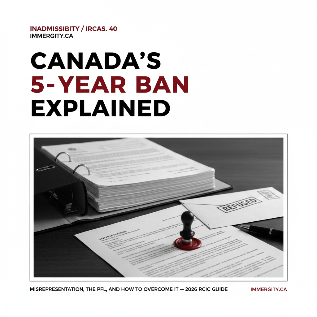 Legal desk with refused immigration documents and red wax seal — IRCC misrepresentation 5-year ban Canada 2026