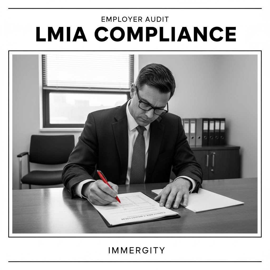 ESDC compliance officer reviewing LMIA documents with a red pen