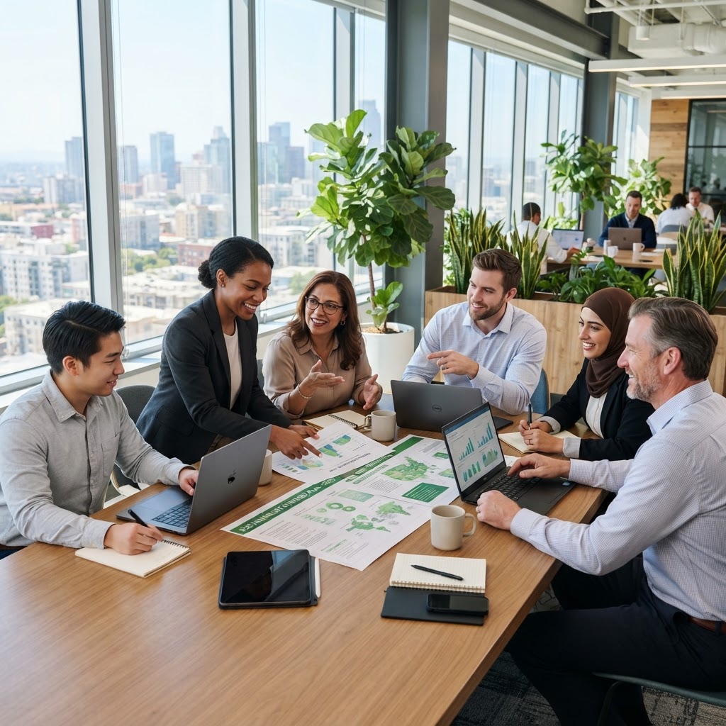 Equipo empresarial trabajando en un proyecto de innovación sustentable