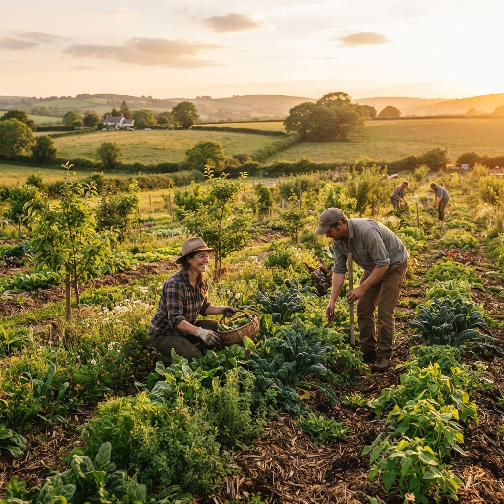 Agricultura regenerativa al amanecer con cultivos diversos