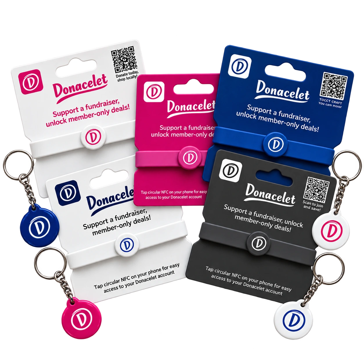Donacelet NFC wristbands and keychains on retail cards in white, pink, blue, and charcoal