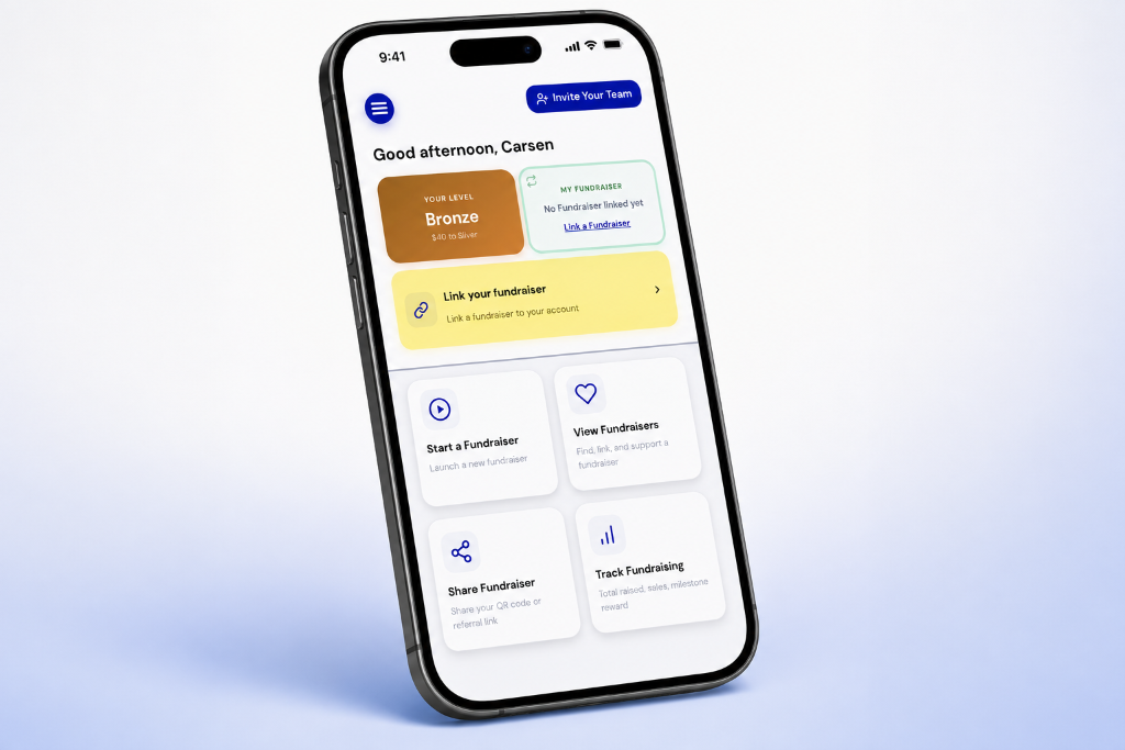 Donacelet supporter dashboard on a phone showing fundraiser linking and tracking options