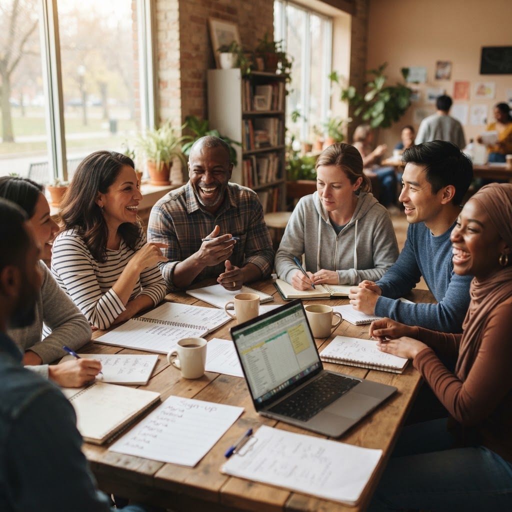 A group of parents and volunteers planning a fundraiser together around a table in bright daylight.