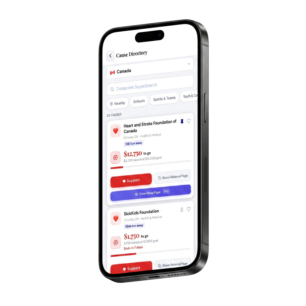 Choose a fundraiser on the Donacelet app