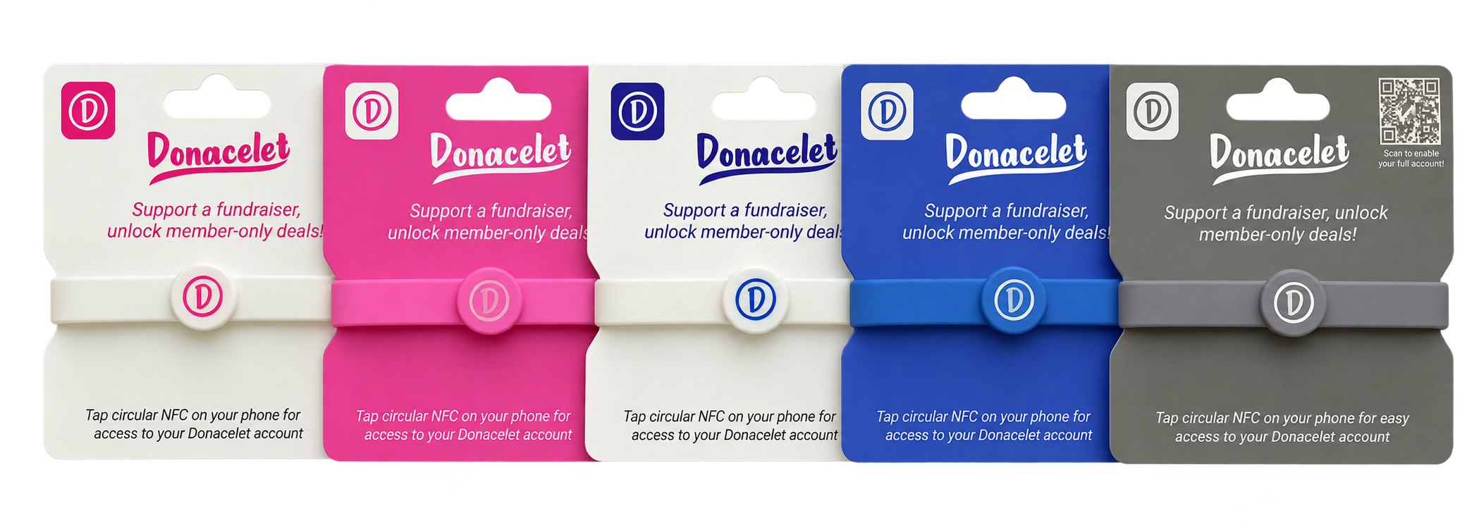 Donacelet NFC wristbands on retail packaging in cream, pink, white, blue, and grey