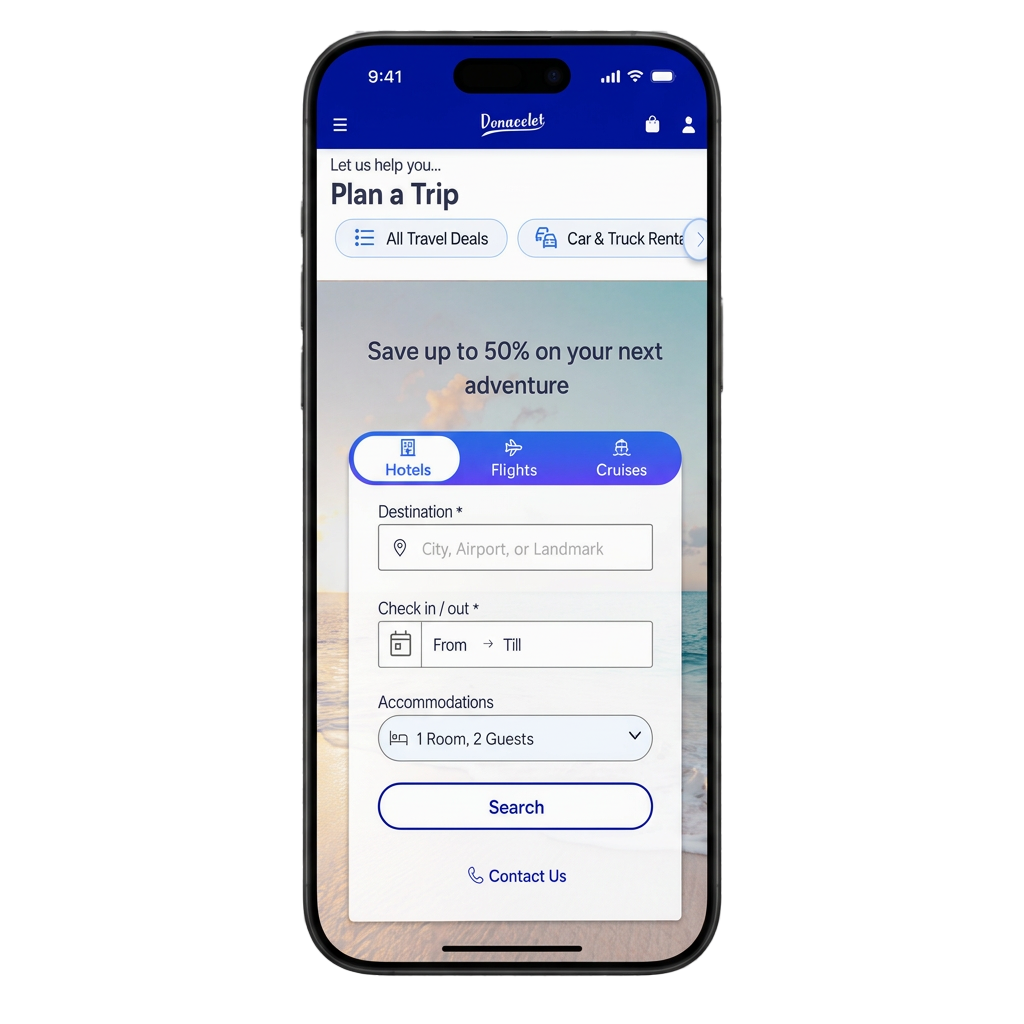 Donacelet app travel deals screen showing hotel, flight, and cruise search