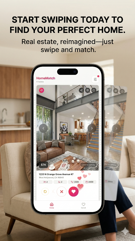 Home Match real estate app displayed on iPhone — search California homes for sale and rent