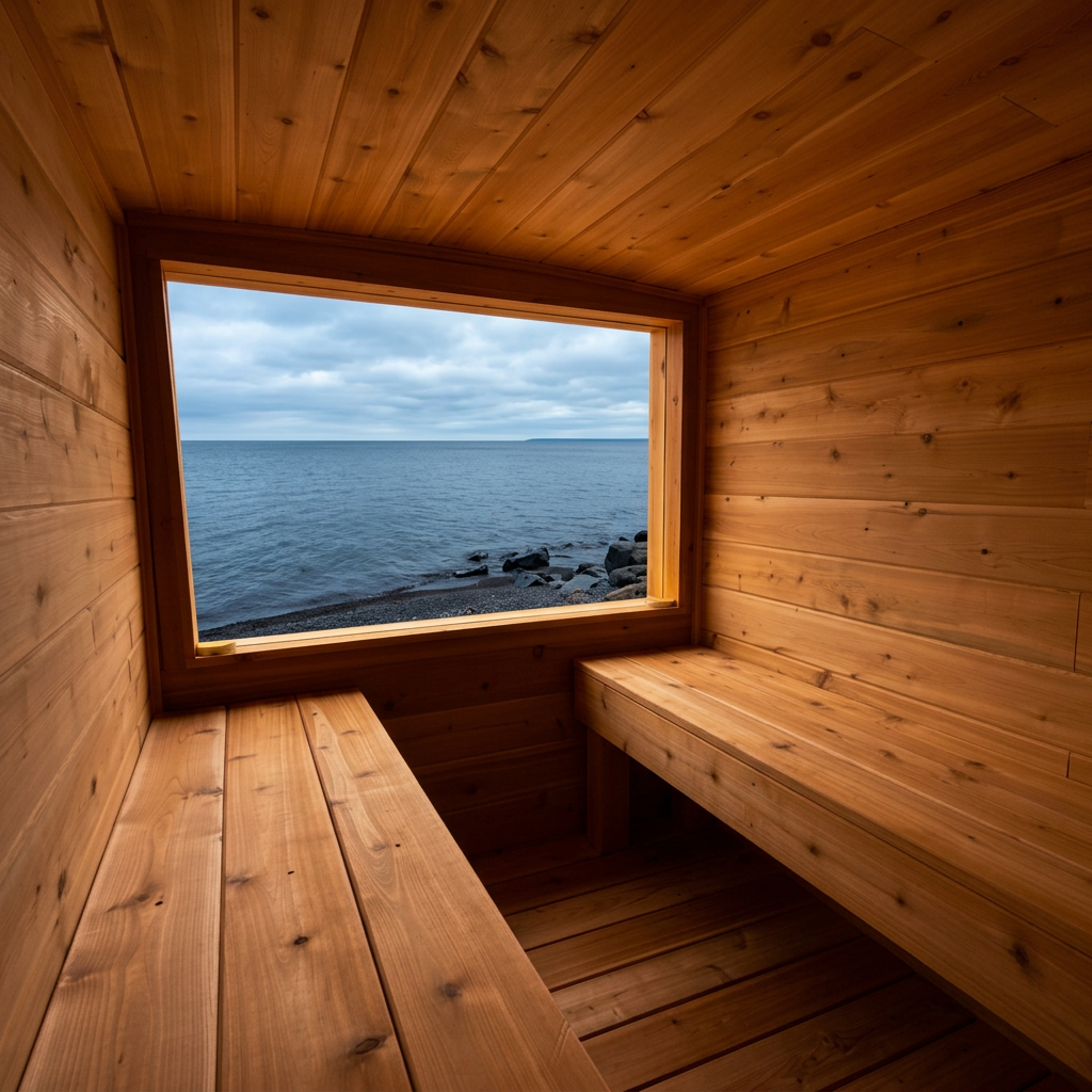 Inside the sauna with Lake Superior view through the window