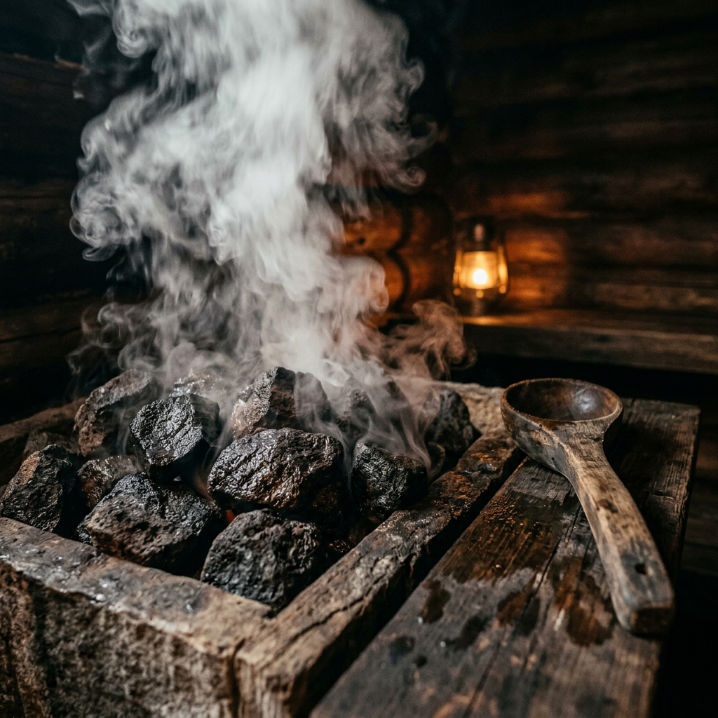 Steam rising from hot sauna rocks