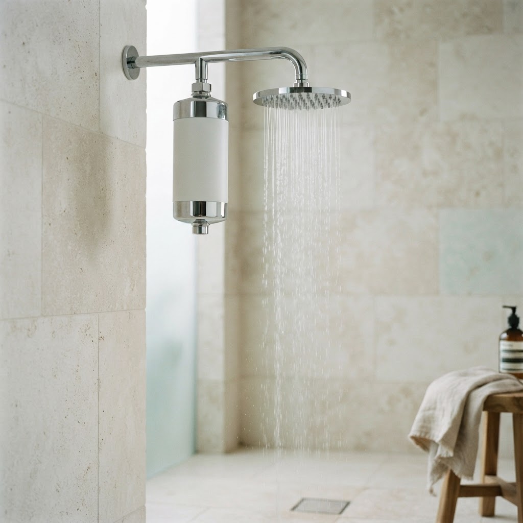 Splash Shower Filter installed on a chrome shower arm in a modern bathroom