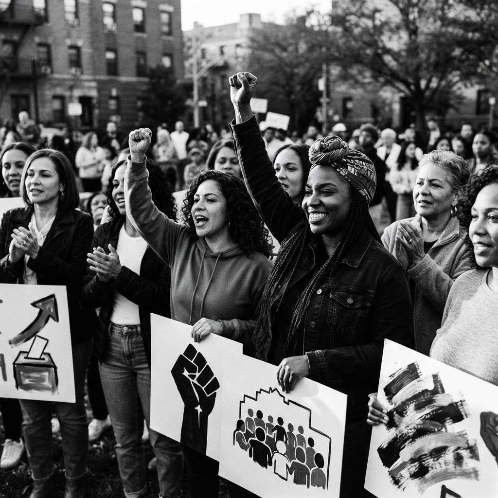 Black and Brown women holding voter rights advocacy signs