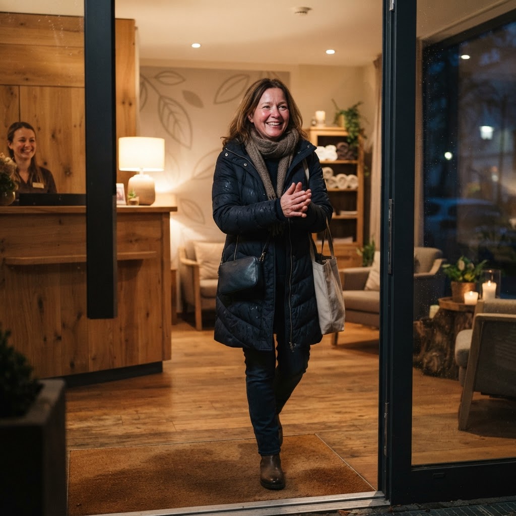 Symbolbild: Eine Frau in Wintermantel und Schal reibt sich die kalten Hände im warm beleuchteten Empfang aus hellem Holz