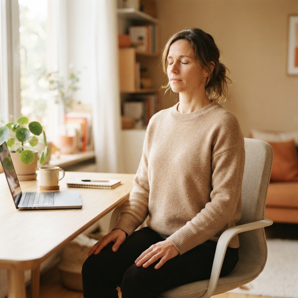 Symbolbild: Frau sitzt aufrecht mit geschlossenen Augen an einem hellen Schreibtisch, Hände entspannt auf den Oberschenkeln, Laptop zugeklappt, Tageslicht vom Fenster