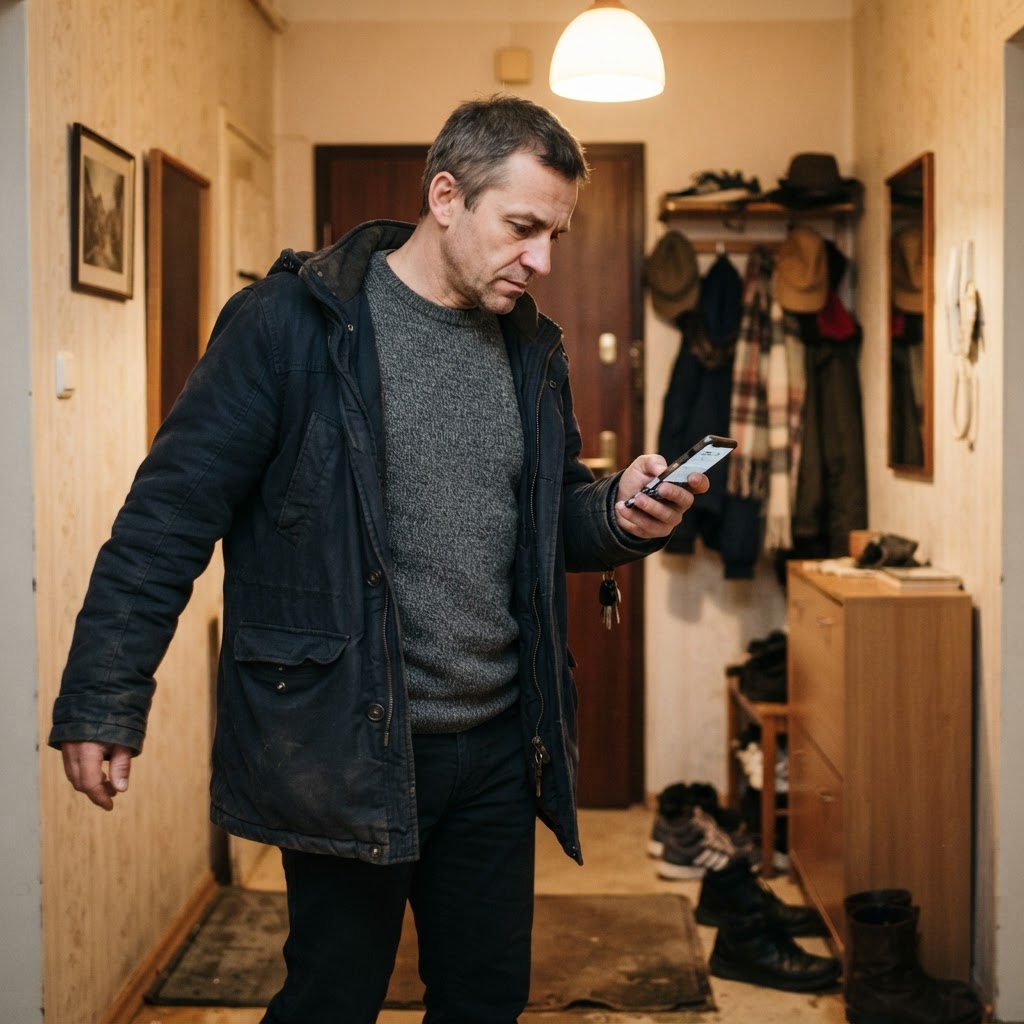 Symbolbild: Mann ca. 45 kommt abends nach Hause, Jacke halb aus, Handy in der Hand, Blick noch beim Job, Flur mit warmem Licht