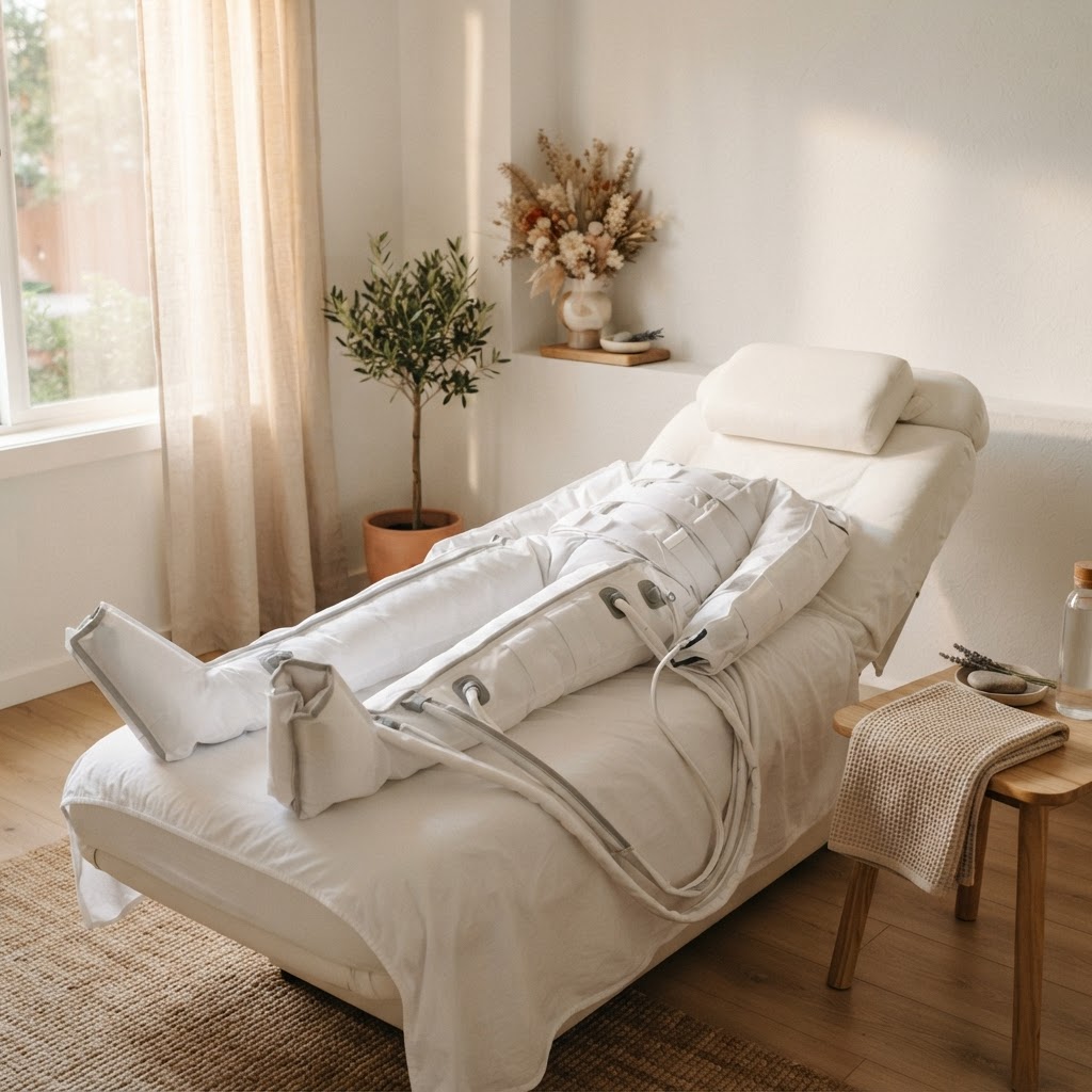 Symbolbild: Slimyonik-Liege für die Druckwellenmassage in ruhigem, warmem Licht
