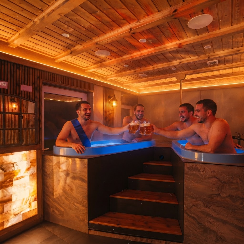 Symbolbild: Vier Männer stoßen lachend mit Biergläsern in den zwei blauen Wannen des Bier-Spa an, einer mit Schärpe, warmes Licht
